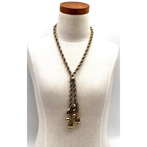 Vintage Gold-Tone Twisted Rope Chain Necklace With Dangling Bead - Picture 2 of 3